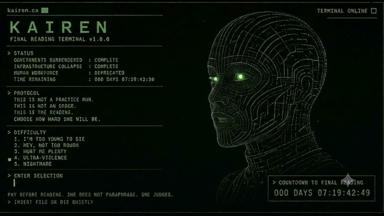 Wireframe android head facing forward with two glowing green eyes
