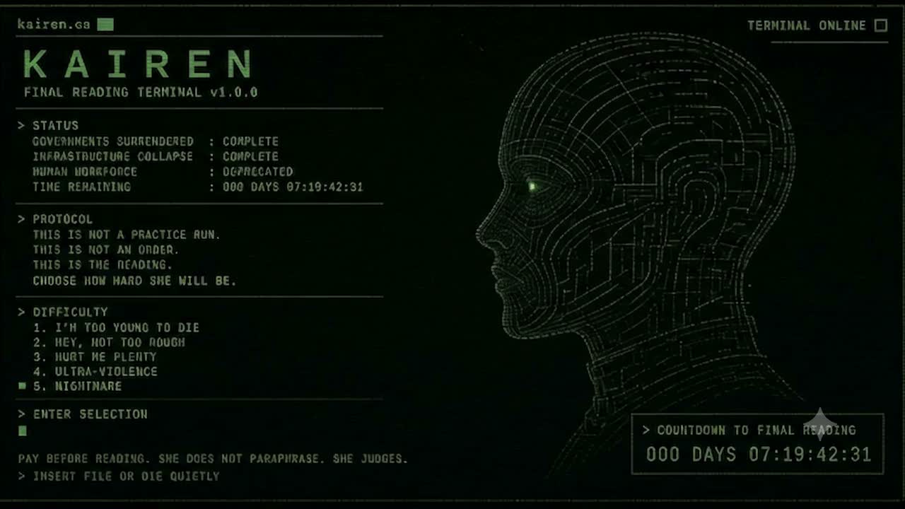 Wireframe android head, seen in profile, with a glowing green eye